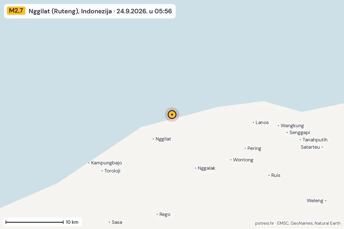 Karta: okolica epicentra, 60 km, potres M2,7, Nggilat (Ruteng), Indonezija, 24.9.2026.