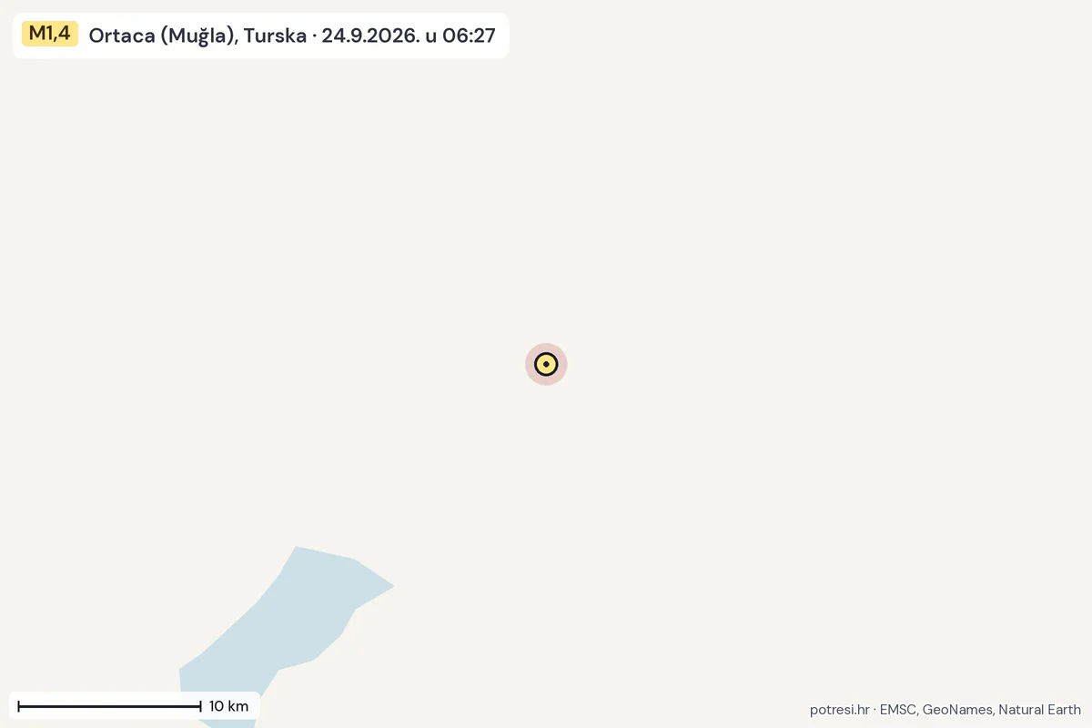 Karta: okolica epicentra, 60 km, potres M1,4, Ortaca (Muğla), Turska, 24.9.2026.