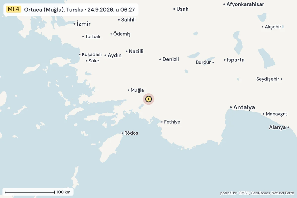 Karta: šire područje, 600 km, potres M1,4, Ortaca (Muğla), Turska, 24.9.2026.