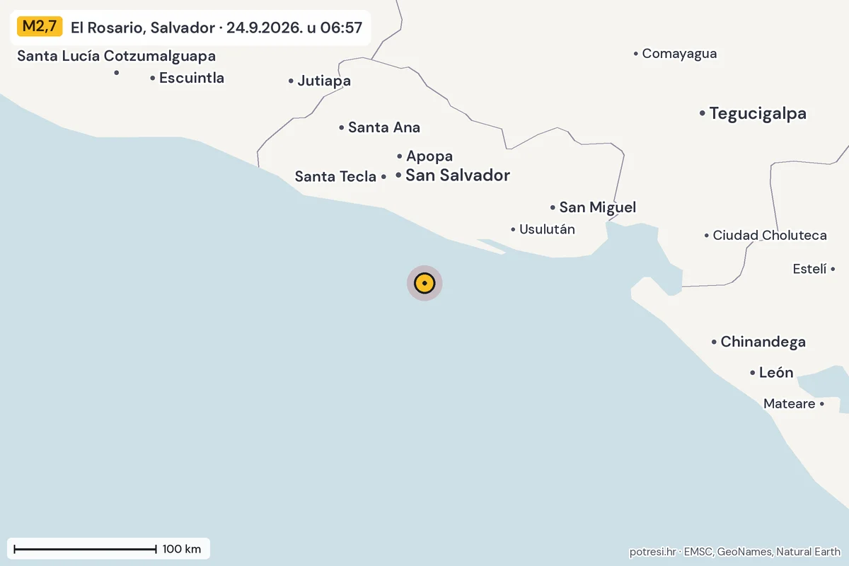 Karta: šire područje, 600 km, potres M2,7, El Rosario, Salvador, 24.9.2026.
