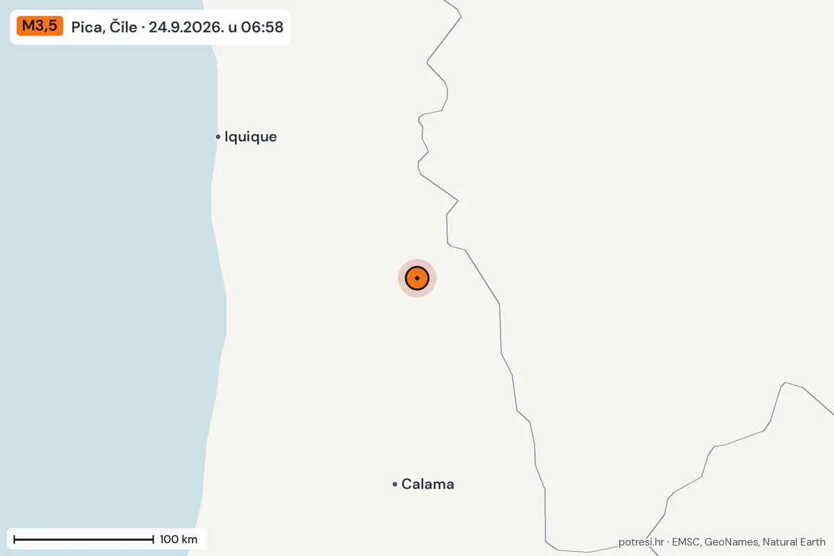 Karta: šire područje, 600 km, potres M3,5, Pica, Čile, 24.9.2026.