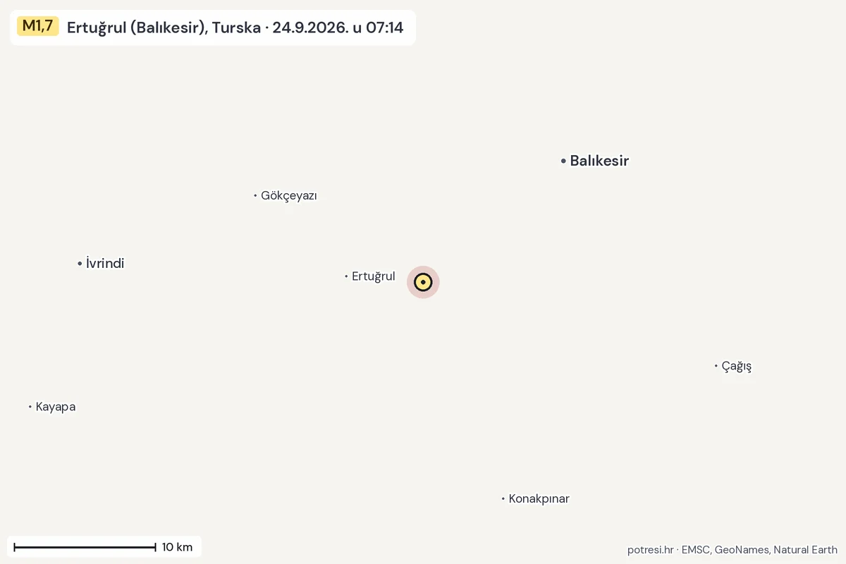 Karta: okolica epicentra, 60 km, potres M1,7, Ertuğrul (Balıkesir), Turska, 24.9.2026.