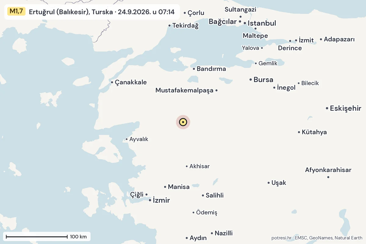 Karta: šire područje, 600 km, potres M1,7, Ertuğrul (Balıkesir), Turska, 24.9.2026.