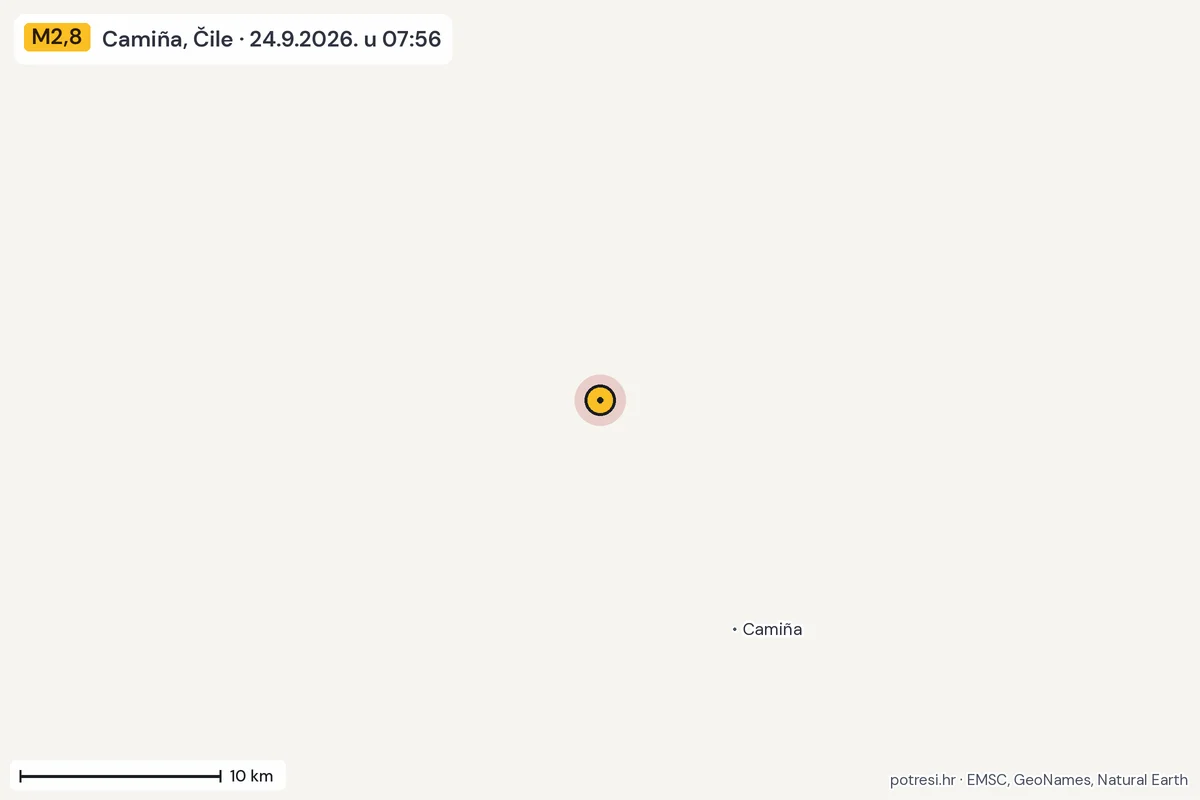 Karta: okolica epicentra, 60 km, potres M2,8, Camiña, Čile, 24.9.2026.