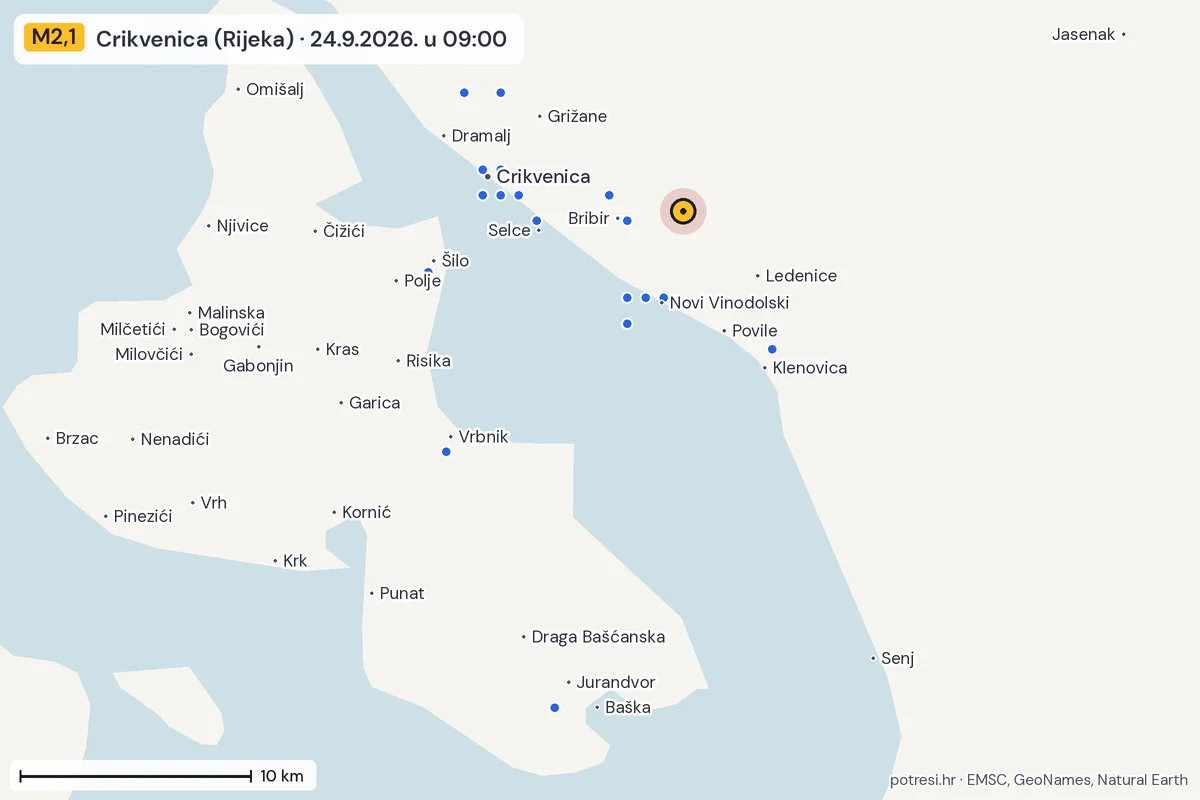 Karta: izvješća građana, potres M2,1, Crikvenica (Rijeka), 24.9.2026.