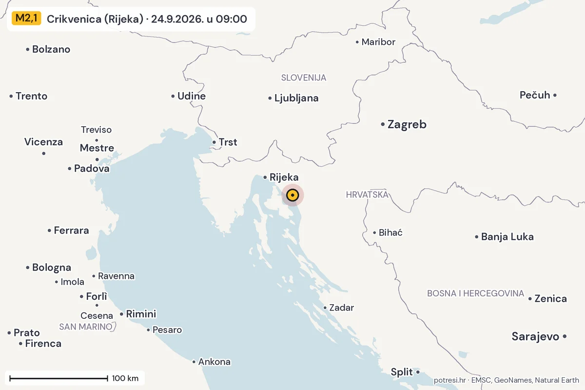 Karta: šire područje, 600 km, potres M2,1, Crikvenica (Rijeka), 24.9.2026.