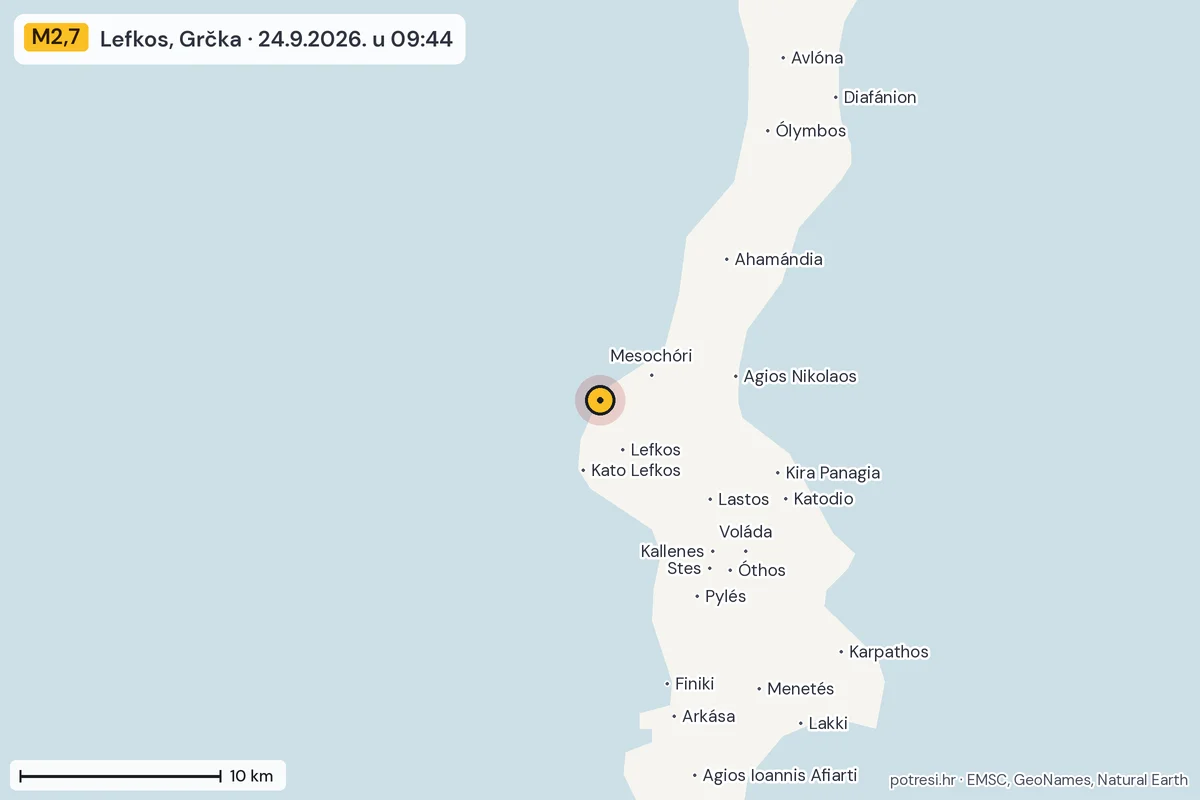 Karta: okolica epicentra, 60 km, potres M2,7, Lefkos, Grčka, 24.9.2026.