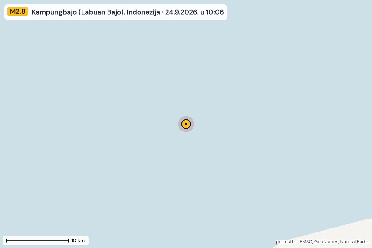 Karta: okolica epicentra, 60 km, potres M2,8, Kampungbajo (Labuan Bajo), Indonezija, 24.9.2026.