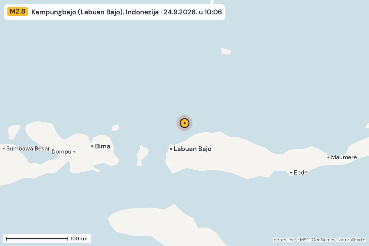 Karta: šire područje, 600 km, potres M2,8, Kampungbajo (Labuan Bajo), Indonezija, 24.9.2026.