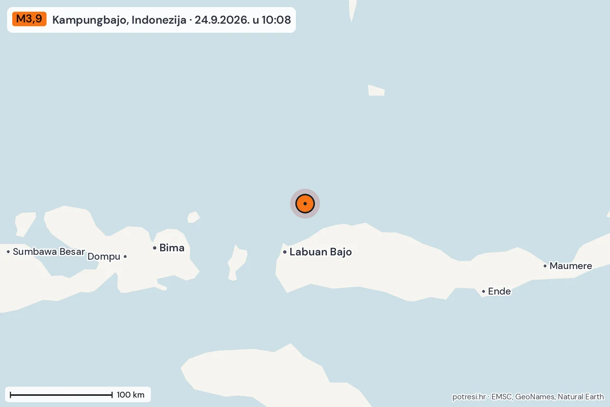 Karta: šire područje, 600 km, potres M3,9, Kampungbajo, Indonezija, 24.9.2026.