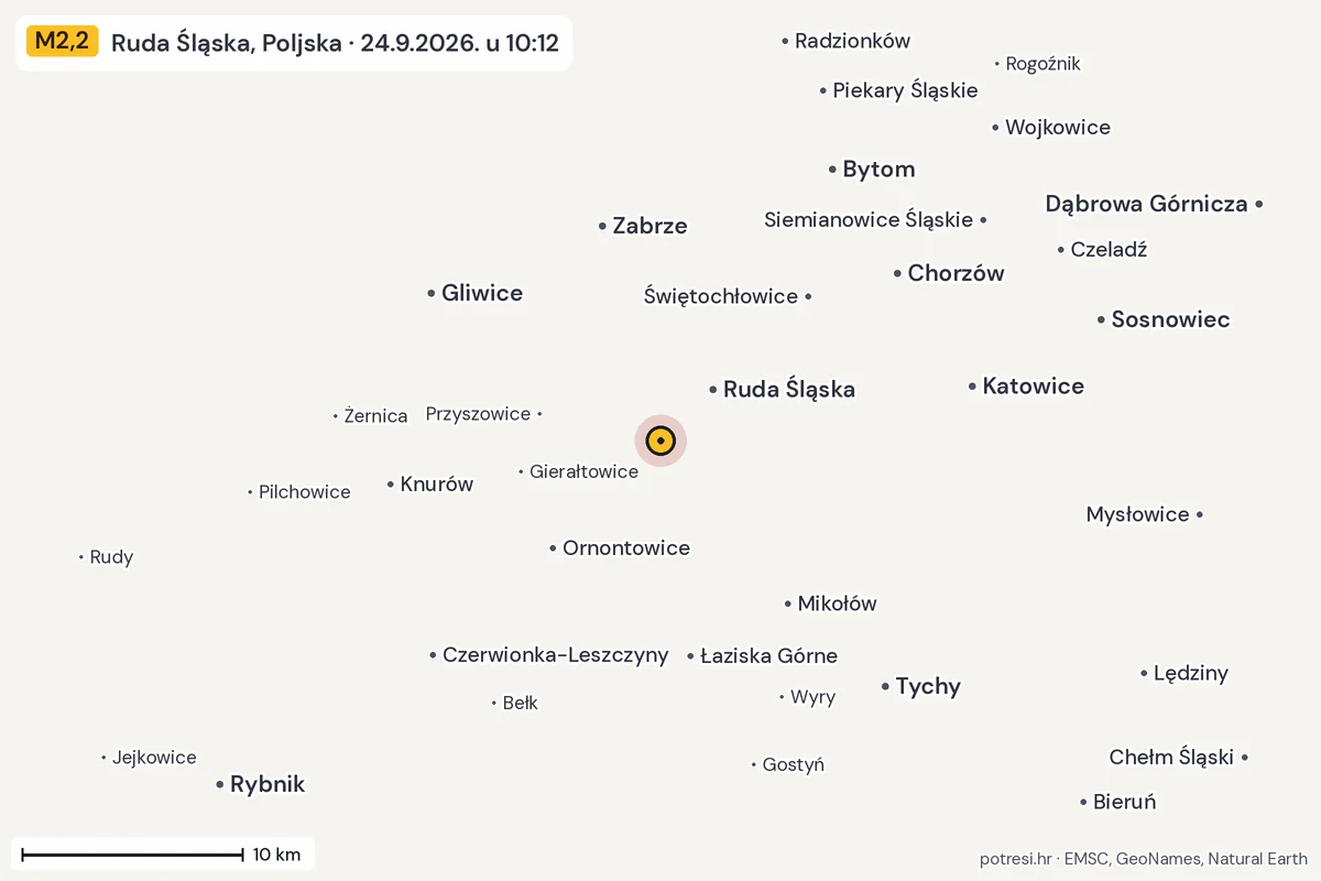 Karta: okolica epicentra, 60 km, potres M2,2, Ruda Śląska, Poljska, 24.9.2026.