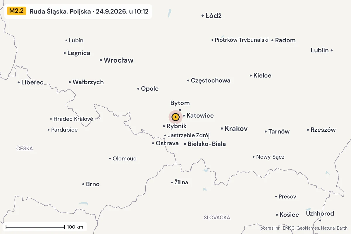 Karta: šire područje, 600 km, potres M2,2, Ruda Śląska, Poljska, 24.9.2026.