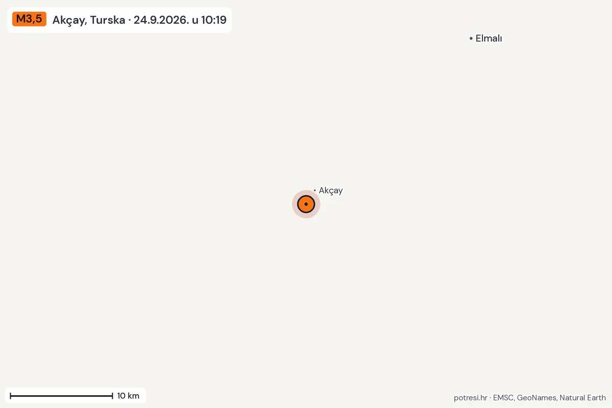 Karta: okolica epicentra, 60 km, potres M3,5, Akçay, Turska, 24.9.2026.