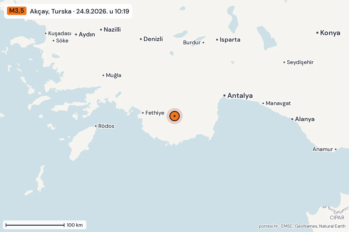 Karta: šire područje, 600 km, potres M3,5, Akçay, Turska, 24.9.2026.