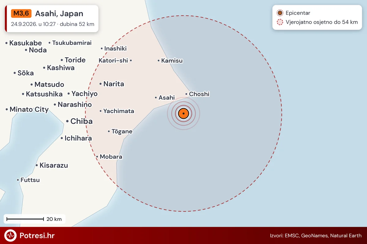 Karta: šire područje i vjerojatni doseg osjeta, potres M3,6, Asahi, Japan, 24.9.2026.