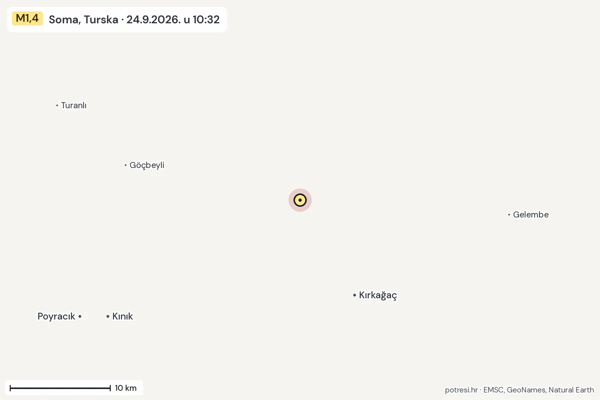 Karta: okolica epicentra, 60 km, potres M1,4, Soma, Turska, 24.9.2026.