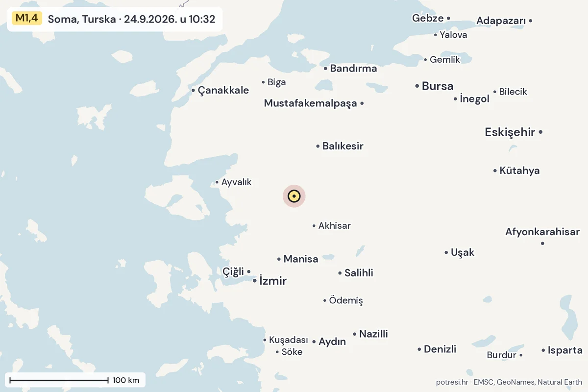 Karta: šire područje, 600 km, potres M1,4, Soma, Turska, 24.9.2026.
