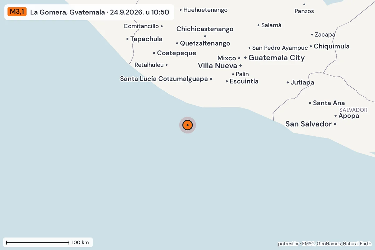 Karta: šire područje, 600 km, potres M3,1, La Gomera, Gvatemala, 24.9.2026.