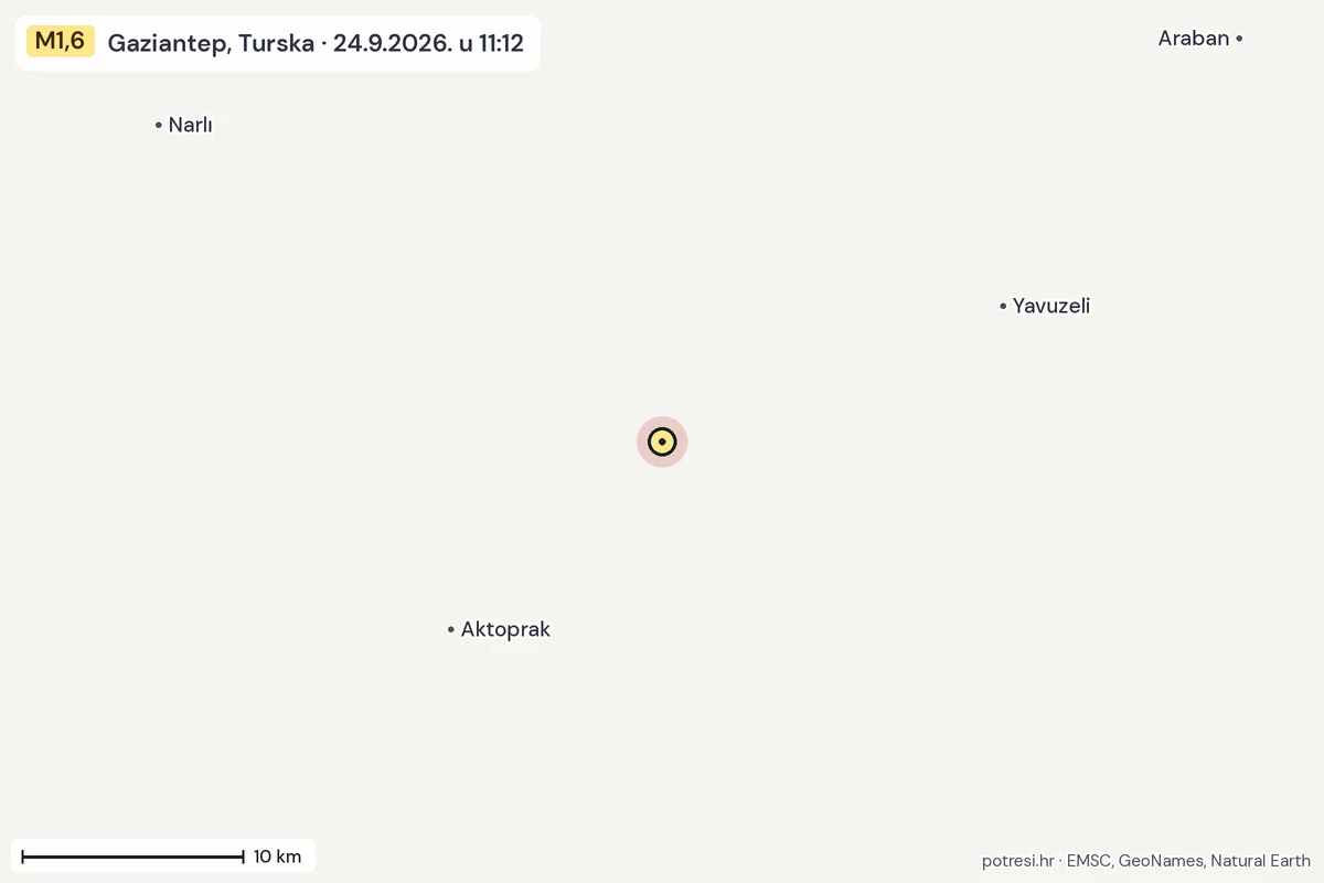 Karta: okolica epicentra, 60 km, potres M1,6, Gaziantep, Turska, 24.9.2026.