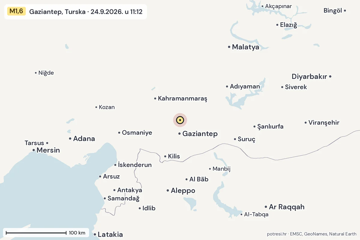 Karta: šire područje, 600 km, potres M1,6, Gaziantep, Turska, 24.9.2026.