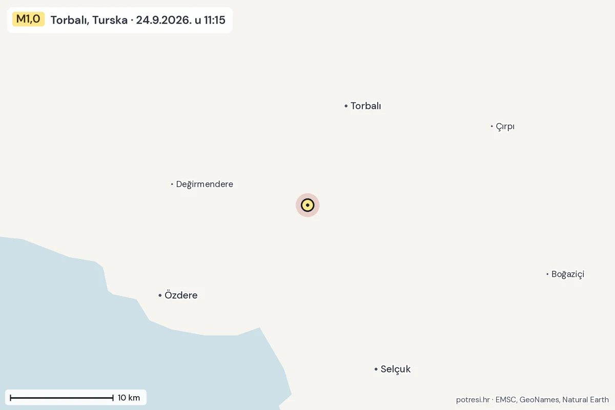 Karta: okolica epicentra, 60 km, potres M1,0, Torbalı, Turska, 24.9.2026.