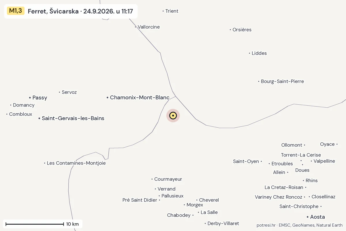 Karta: okolica epicentra, 60 km, potres M1,3, Ferret, Švicarska, 24.9.2026.