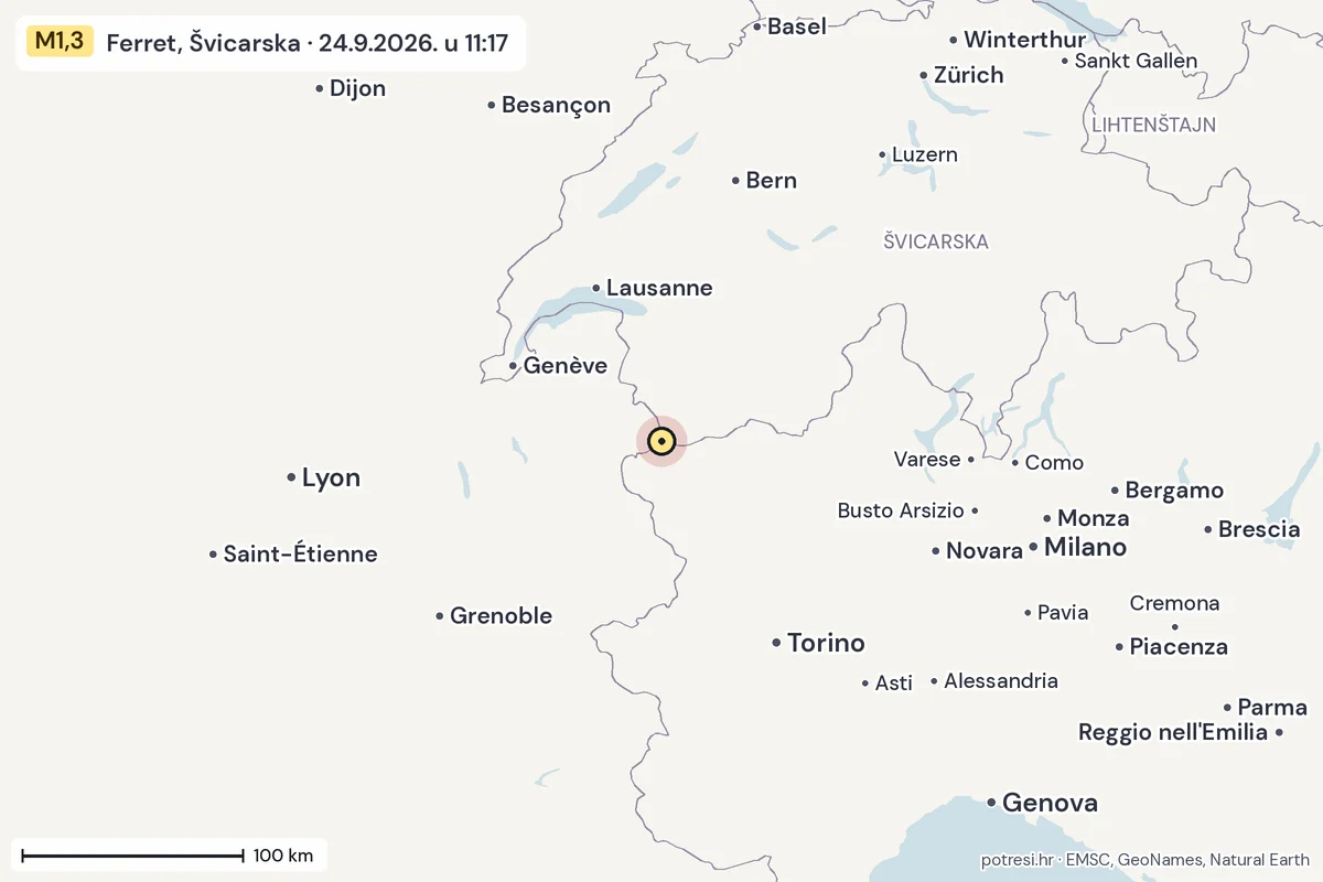 Karta: šire područje, 600 km, potres M1,3, Ferret, Švicarska, 24.9.2026.