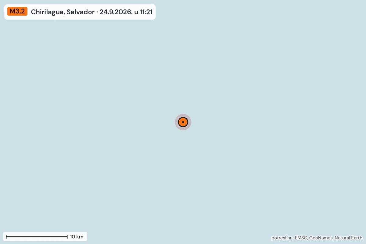 Karta: okolica epicentra, 60 km, potres M3,2, Chirilagua, Salvador, 24.9.2026.