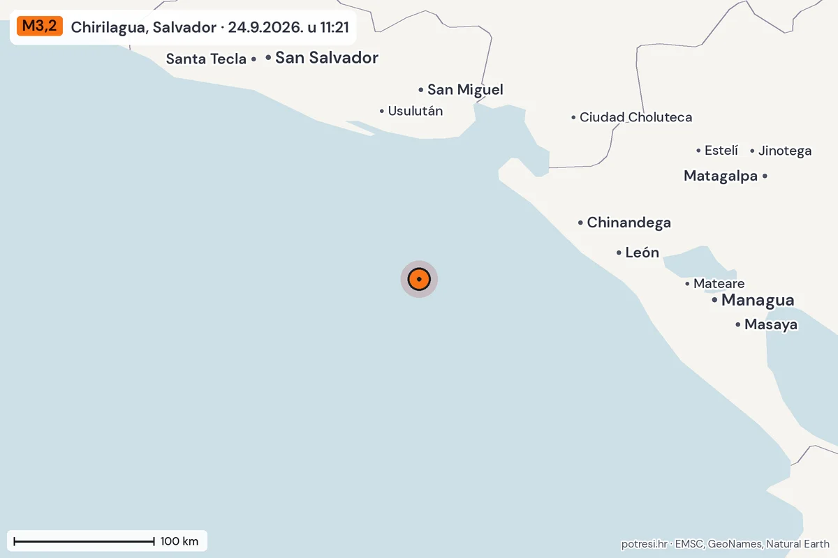 Karta: šire područje, 600 km, potres M3,2, Chirilagua, Salvador, 24.9.2026.