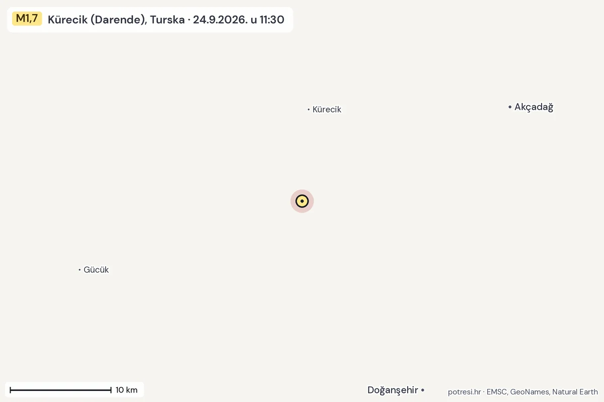 Karta: okolica epicentra, 60 km, potres M1,7, Kürecik (Darende), Turska, 24.9.2026.