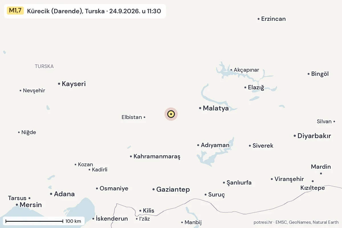 Karta: šire područje, 600 km, potres M1,7, Kürecik (Darende), Turska, 24.9.2026.