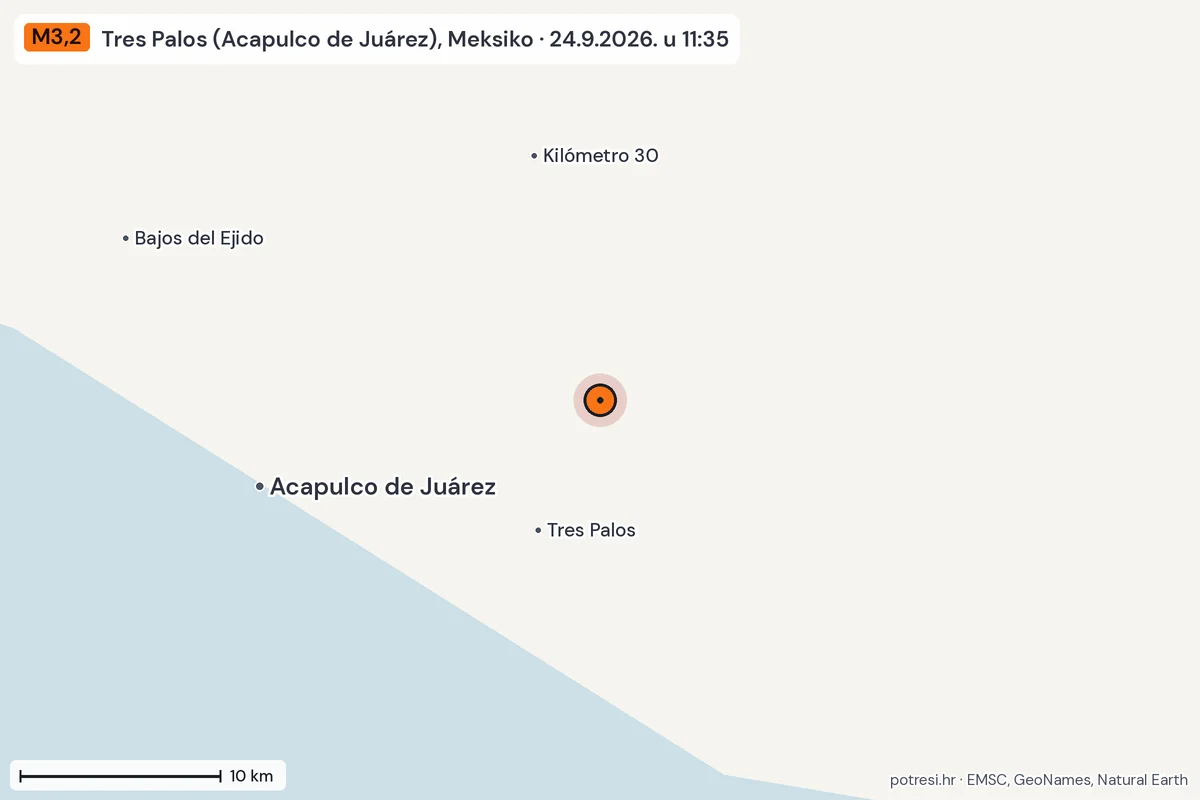 Karta: okolica epicentra, 60 km, potres M3,2, Tres Palos (Acapulco de Juárez), Meksiko, 24.9.2026.