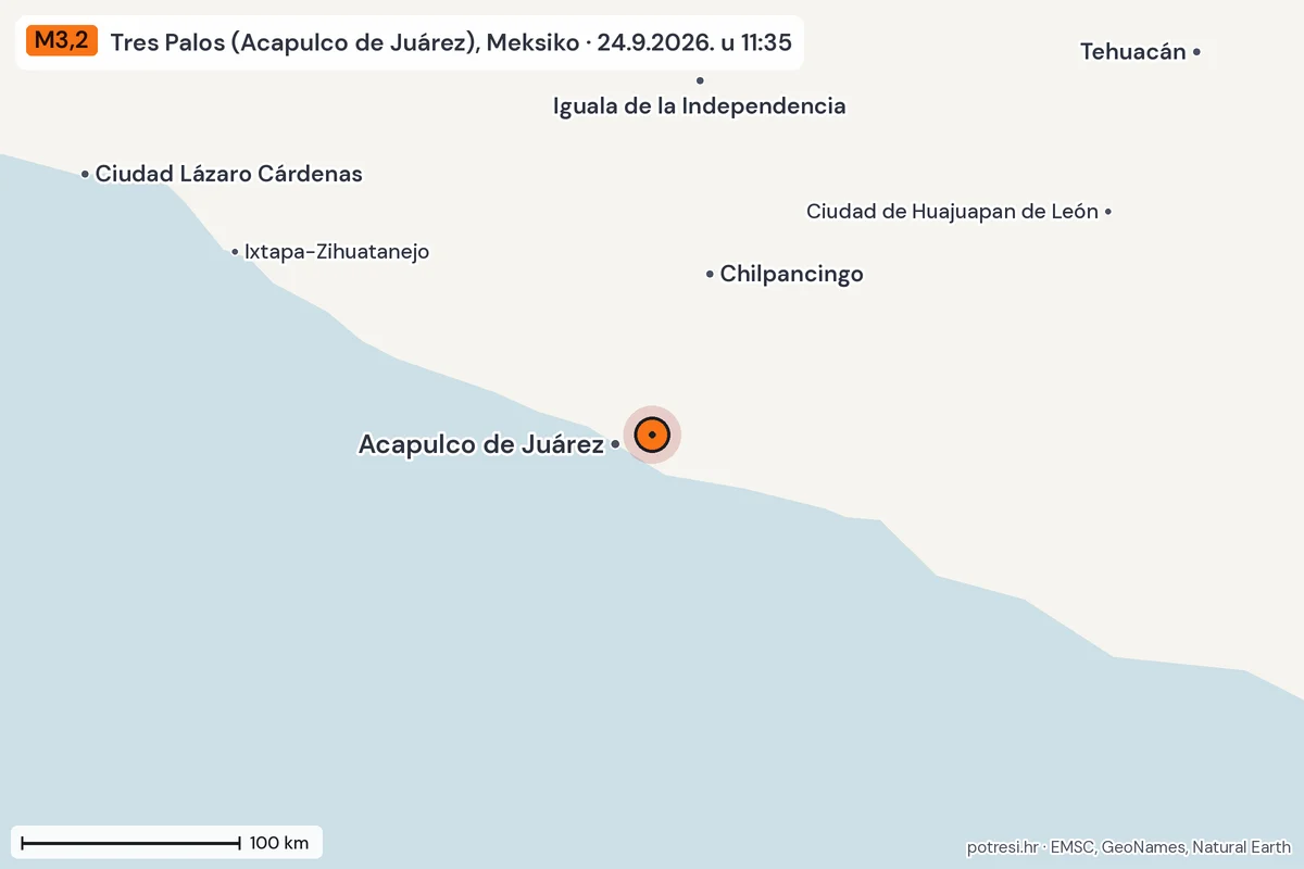 Karta: šire područje, 600 km, potres M3,2, Tres Palos (Acapulco de Juárez), Meksiko, 24.9.2026.