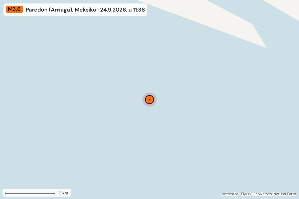 Karta: okolica epicentra, 60 km, potres M3,6, Paredón (Arriaga), Meksiko, 24.9.2026.
