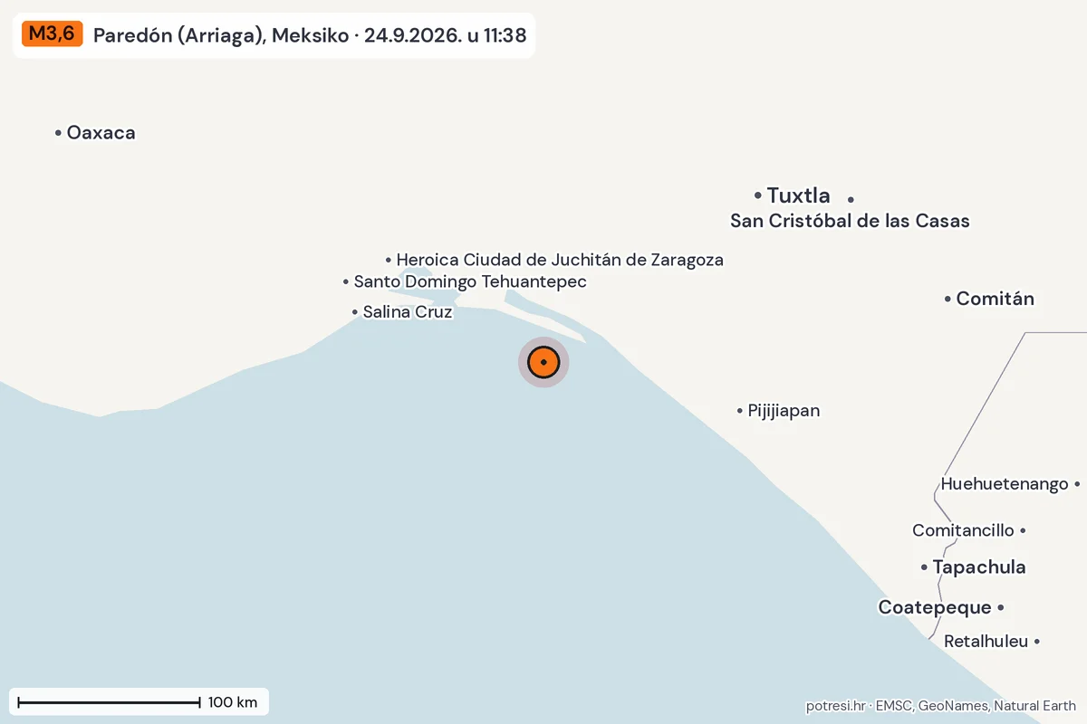 Karta: šire područje, 600 km, potres M3,6, Paredón (Arriaga), Meksiko, 24.9.2026.