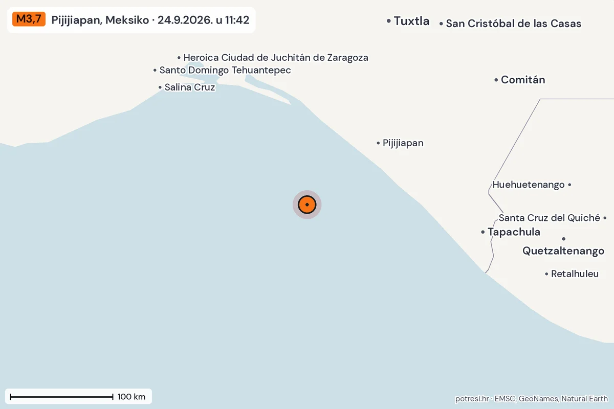 Karta: šire područje, 600 km, potres M3,7, Pijijiapan, Meksiko, 24.9.2026.