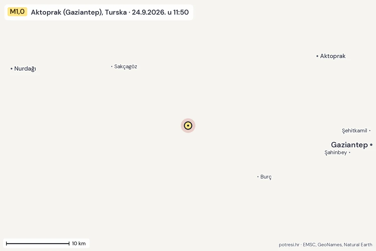 Karta: okolica epicentra, 60 km, potres M1,0, Aktoprak (Gaziantep), Turska, 24.9.2026.
