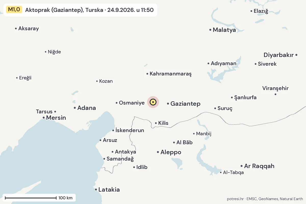 Karta: šire područje, 600 km, potres M1,0, Aktoprak (Gaziantep), Turska, 24.9.2026.
