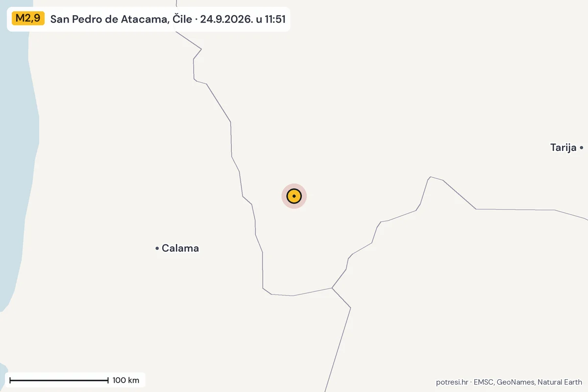 Karta: šire područje, 600 km, potres M2,9, San Pedro de Atacama, Čile, 24.9.2026.