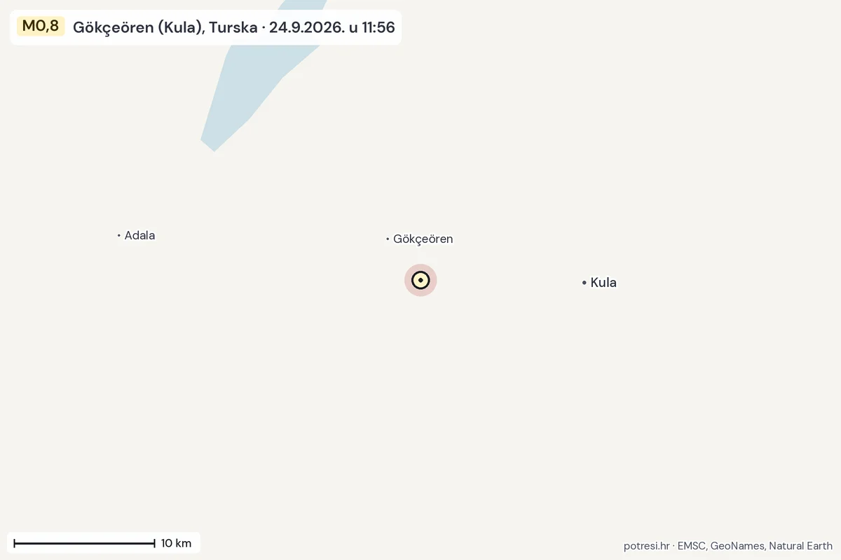Karta: okolica epicentra, 60 km, potres M0,8, Gökçeören (Kula), Turska, 24.9.2026.
