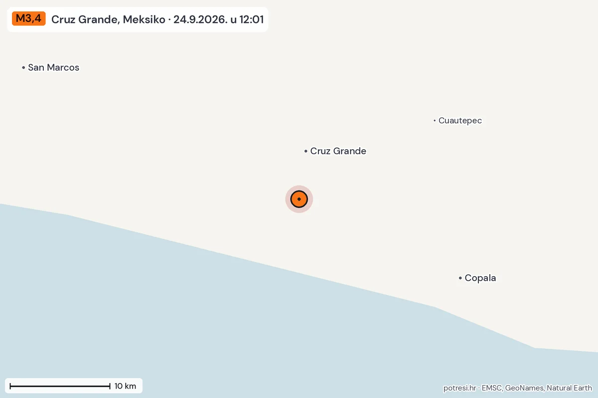 Karta: okolica epicentra, 60 km, potres M3,4, Cruz Grande, Meksiko, 24.9.2026.