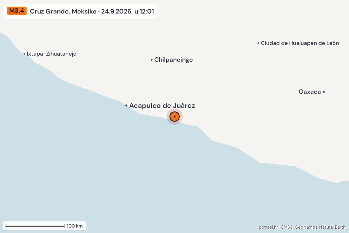 Karta: šire područje, 600 km, potres M3,4, Cruz Grande, Meksiko, 24.9.2026.