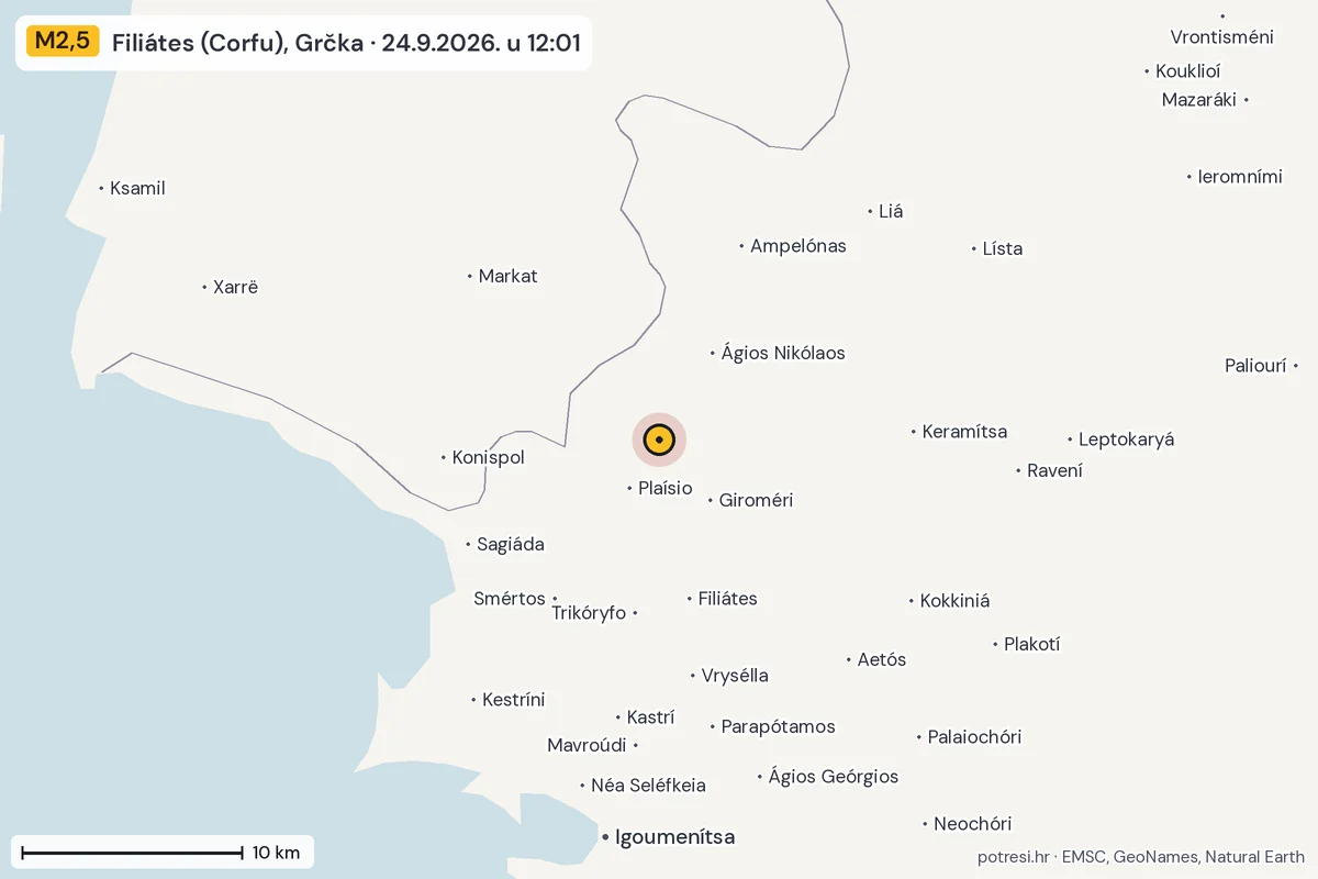Karta: okolica epicentra, 60 km, potres M2,5, Filiátes (Corfu), Grčka, 24.9.2026.