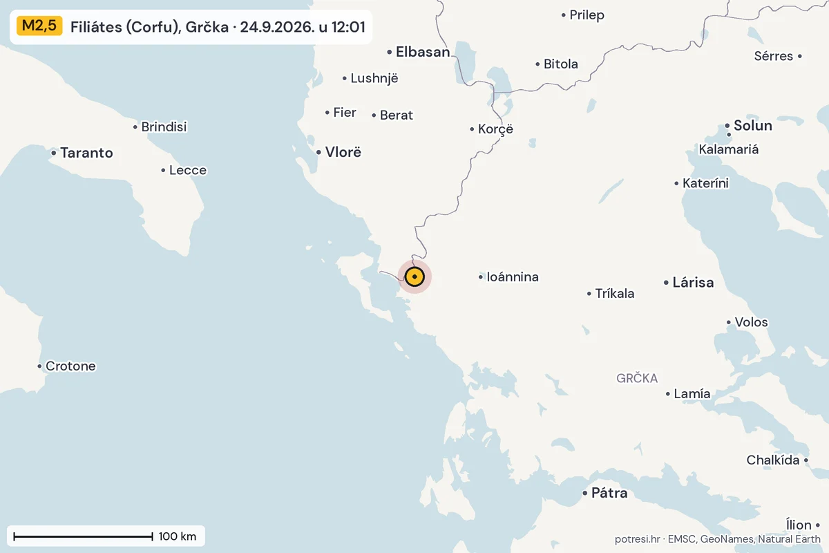 Karta: šire područje, 600 km, potres M2,5, Filiátes (Corfu), Grčka, 24.9.2026.