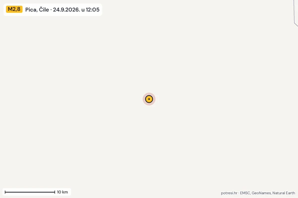 Karta: okolica epicentra, 60 km, potres M2,8, Pica, Čile, 24.9.2026.