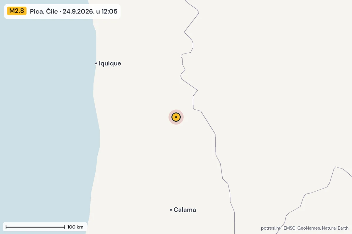 Karta: šire područje, 600 km, potres M2,8, Pica, Čile, 24.9.2026.