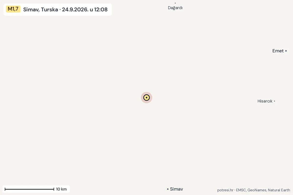 Karta: okolica epicentra, 60 km, potres M1,7, Simav, Turska, 24.9.2026.