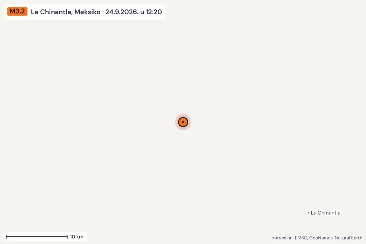 Karta: okolica epicentra, 60 km, potres M3,2, La Chinantla, Meksiko, 24.9.2026.