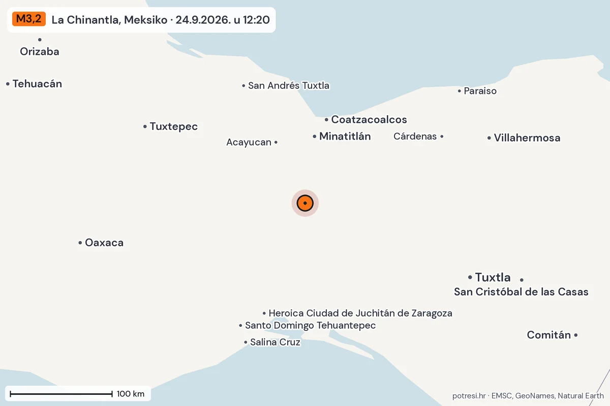 Karta: šire područje, 600 km, potres M3,2, La Chinantla, Meksiko, 24.9.2026.