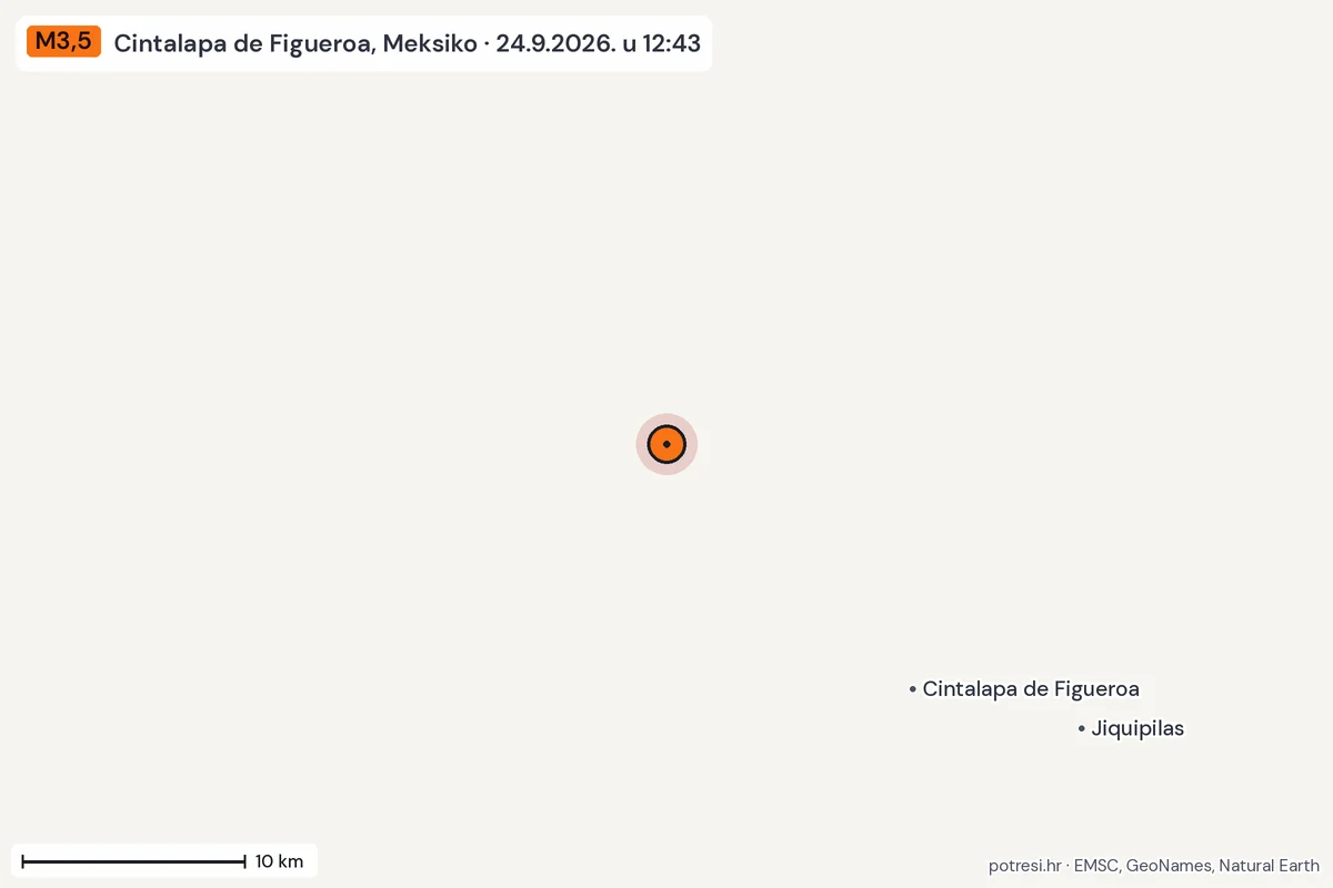 Karta: okolica epicentra, 60 km, potres M3,5, Cintalapa de Figueroa, Meksiko, 24.9.2026.